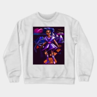 Anime girl with two puffs and lighting. Black afro anime girl in purple space fantasy scene ! beautiful  black girl with Braided hair, blue eyes, Cherry pink lips and dark brown skin. Hair love ! Crewneck Sweatshirt